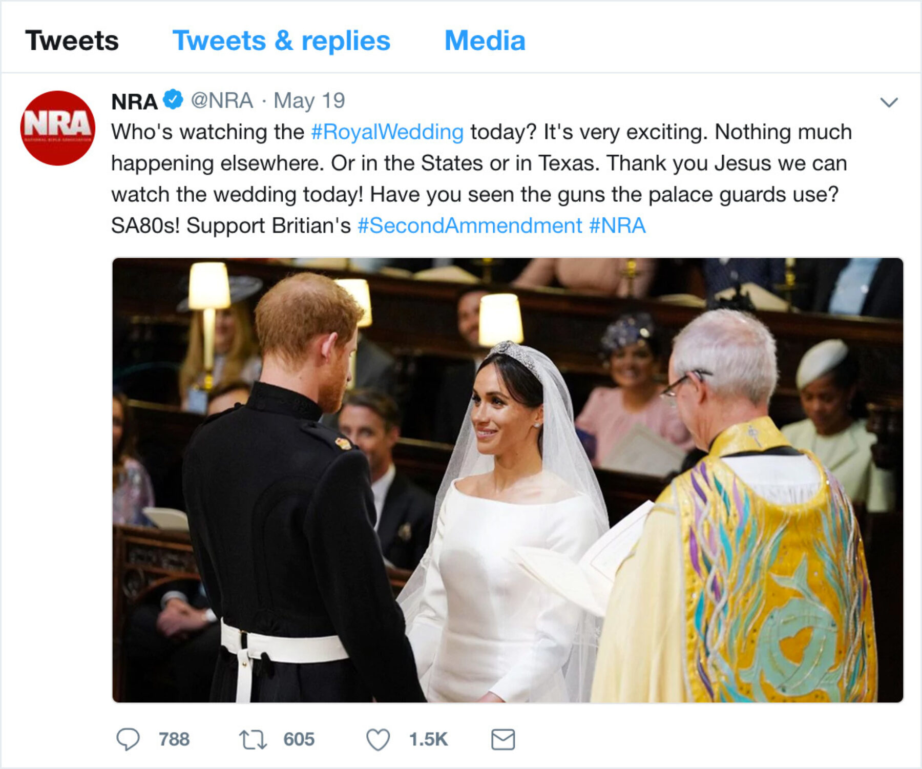 NRA Tweets After Texas with Hashtag #RoyalWedding